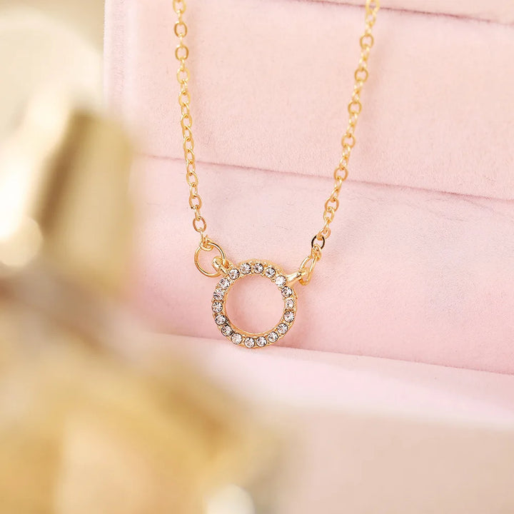 Jewelry Simple Crystal Circle Pendant Necklace Golden Color Unique Women