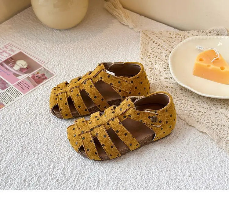 All Over Print Polka Dot Children Sandals for Girls Suede Leather Summer Students Holiday Shoes Girl Daily Shoes Cut-outs I05103