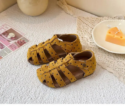 All Over Print Polka Dot Children Sandals for Girls Suede Leather Summer Students Holiday Shoes Girl Daily Shoes Cut-outs I05103