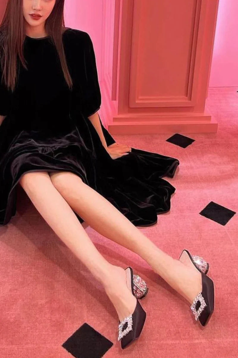 Summer Rhinestone Pumps Women Square Toe Mules Female Crystal High Heels Women Shoes Femmes Chaussures sandalias de las mujeres