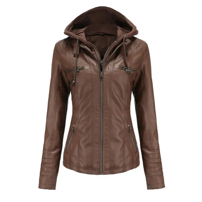 Women’s hooded jacket coat set, detachable design, faux leather, spring autumn, regular fit, L–XXL