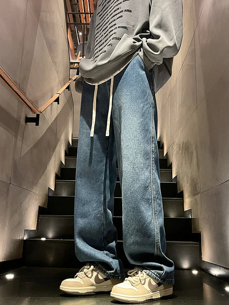 Calça Jeans Masculina de Inverno Coreana Forrada com Lã Grossa Quente Reta Denim Lavado Algodão Azul Retrô Larga Pantalona