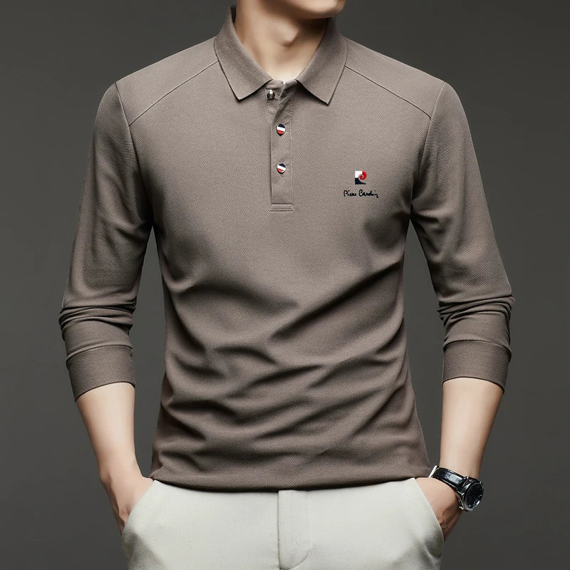 Original Design Men's Polo Shirt Lapel Long Sleeve T-Shirt Autumn New Solid Exquisite Letter Embroider Business Smart Menswear