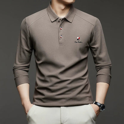 Original Design Men's Polo Shirt Lapel Long Sleeve T-Shirt Autumn New Solid Exquisite Letter Embroider Business Smart Menswear