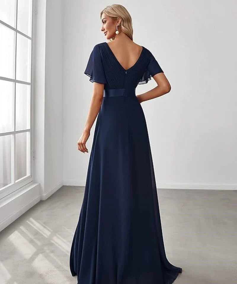 Empire Evening Dresses Cross V-Neck Tulle Short Sleeve Sashes Wedding Dress Sexy Backless Women's Formal Party Gowns
