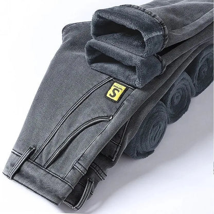 Winter New Fashionable Solid Color With Thick Fleece and Warm Straight Leg Elastic Jeans For Men's Casual Sports High-end Jeans