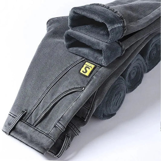Winter New Fashionable Solid Color With Thick Fleece and Warm Straight Leg Elastic Jeans For Men's Casual Sports High-end Jeans