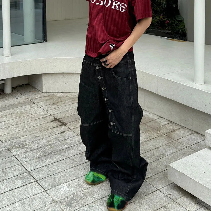 Y2K High Street Buckle Curved Jeans Wide Leg Pants Autumn Men'S Loose Straight Leg Pants Black Korean Casual Pants Hip-Hop Pants