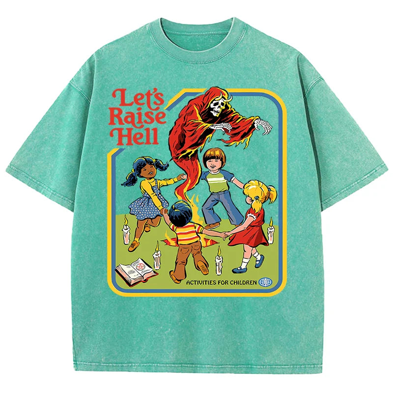 Let'S Raise Hell Printed Snow Wash Tee Shirts Man Breathable Cotton T Shirt Sportwear Clothing Crewneck Loose Short Sleeve