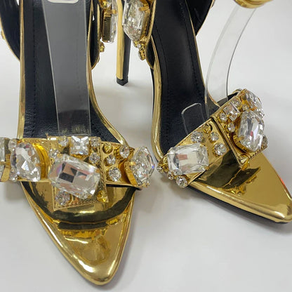 Sexy Gold Sandals Women Crystal Diamond Party Nightclub Stripper Pumps Stiletto High Heels Pointed Toe Banquet Wedding Shoes