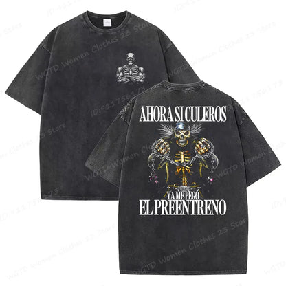 Calacas Chidas Gym Washed T-Shirts Men's Trendy Cool Skeleton & Gym Print Oversized Tshirt Summer Tees Streetwear Casual Tops