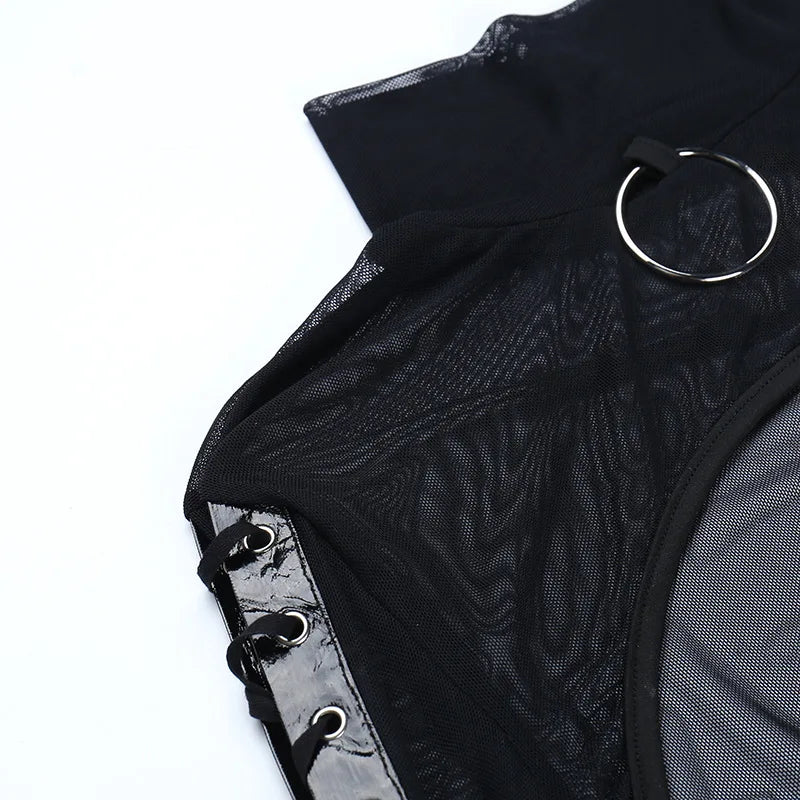 Black Mesh T-shirt Gothic Street Lace-up Punk Ring Flared Sleeves Eyelet Pullover Outer Harajuku Vintage Women Top