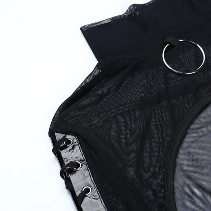 Black Mesh T-shirt Gothic Street Lace-up Punk Ring Flared Sleeves Eyelet Pullover Outer Harajuku Vintage Women Top