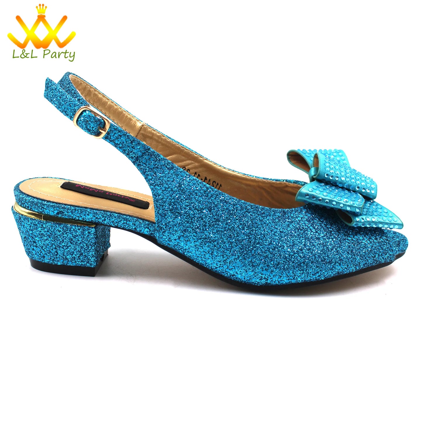 Italian Women Shoes Matching Bag Set in Sky Blue Color Comfortable Heels with Appliques for Wedding