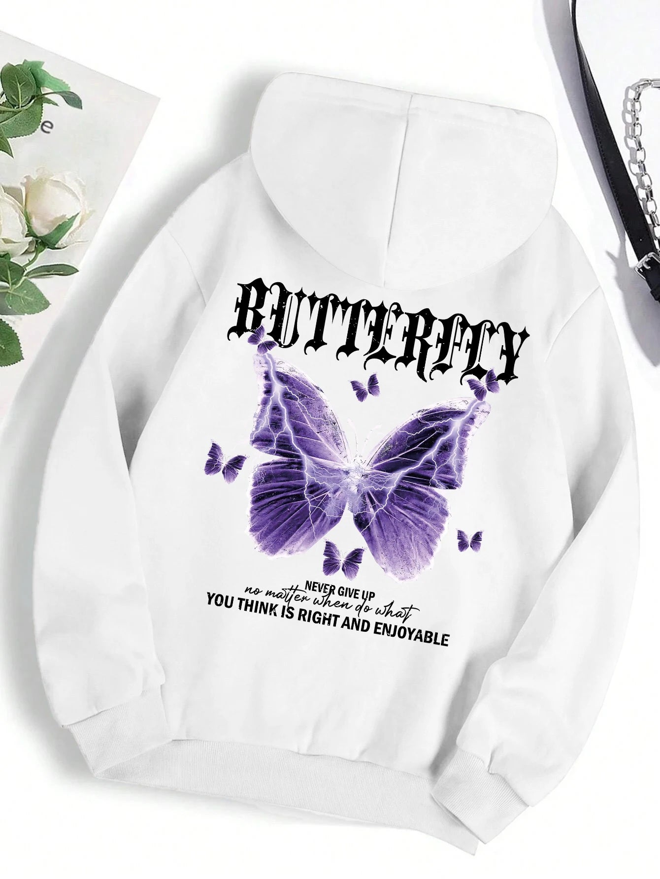 Beautiful Purple Butterfly Printing Hoodies Women Fleece Pocket Hoody Simple Casual Hoodie Autumn Loose Female Streetwear
