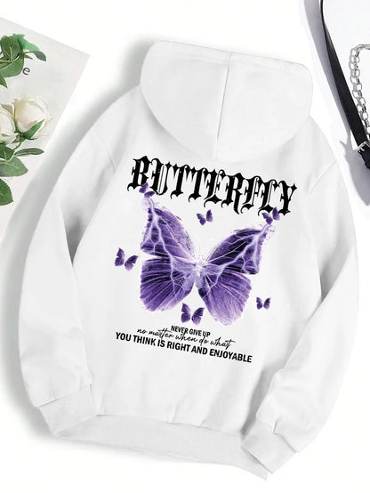 Beautiful Purple Butterfly Printing Hoodies Women Fleece Pocket Hoody Simple Casual Hoodie Autumn Loose Female Streetwear