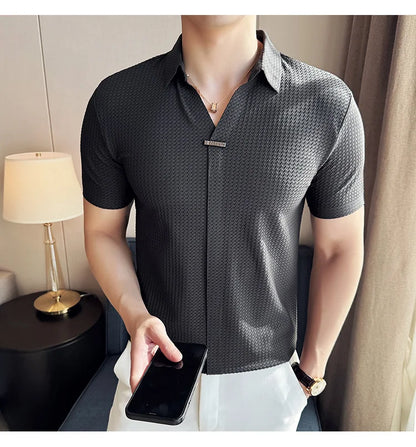 High-Grade Ice Silk Seamless Adhesive Polo Shirt, High-Elastic V-neck Thin Waffle Short-Sleeved Golf Shirt, T-shirt