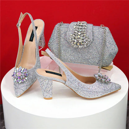 Sandals Fashion Italian Shoe and Bag Set for Party In Women Nigerian Women Wedding Shoes and Bag Set Decorated with Rhinestone