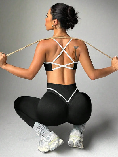 Sexy Backless Sports Bra with Lifted Butt and Color Block Design - Women's Yoga Pants Set for Outdoor Activities