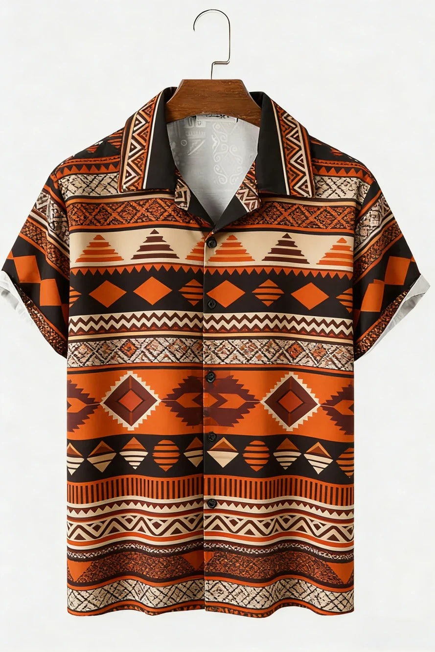 Men's New Linen Ethnic Tribal Style 3D Printed Shirt Hawaiian Tropical Breathable Comfortable Short-sleeved Lapel Clothes Men'S