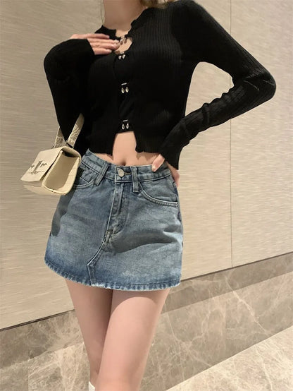 Summer High-Waisted Vintage Women Denim Short Skirt Small New Slim Sexy Korea Fashion Girl Cute Street A-line Mini Jeans Pants