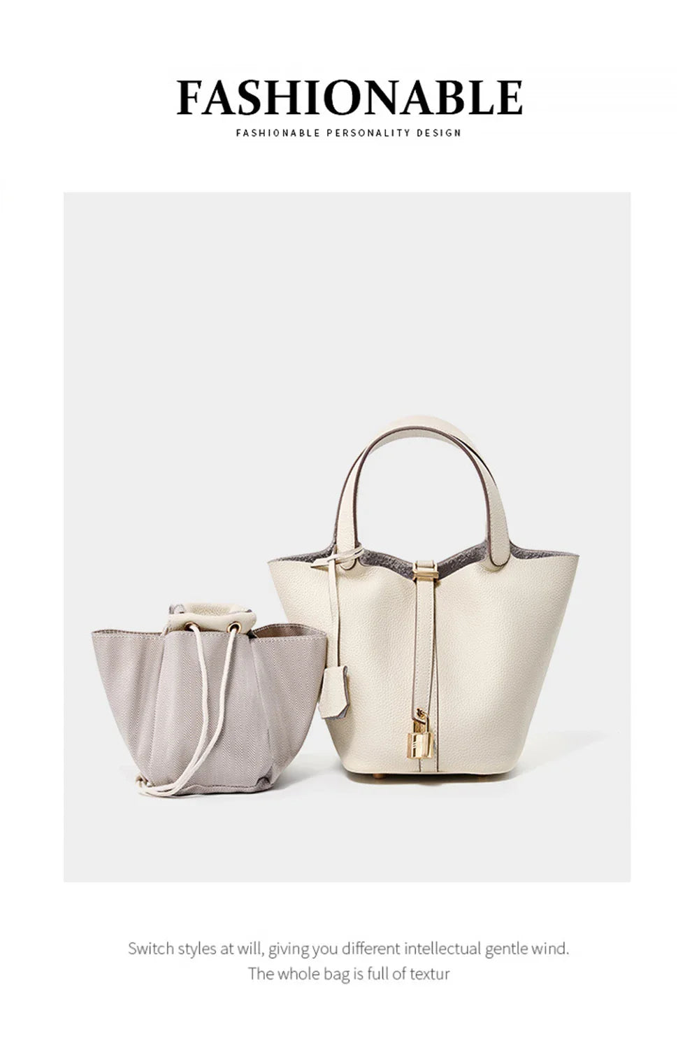 2025 Casual Fashion Female Genuine Leather Bucket Bag Luxury Handbag High-End Tote Bag Woman Cow Leather Mommy Bag & Metal Lock