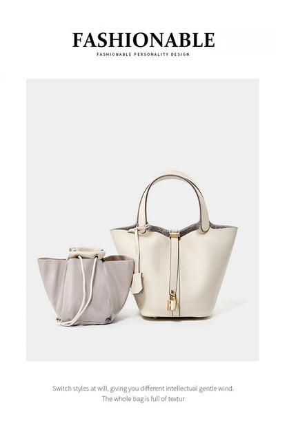 2025 Casual Fashion Female Genuine Leather Bucket Bag Luxury Handbag High-End Tote Bag Woman Cow Leather Mommy Bag & Metal Lock
