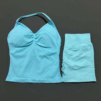 No Logo 2 Pies Sports Set Women Backless Tank Yoga Tops High Waist Scrunch Seamless Shorts Sport Gym Set Sportswear Workout Set