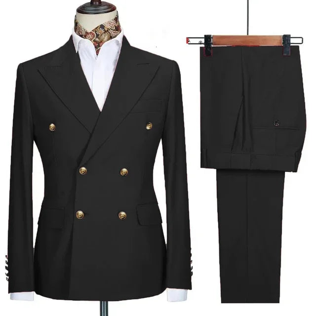 Double Breasted Men Suit Navy Blue High Quality Wedding Costume Party Prom Gold Buttons Groom Suits