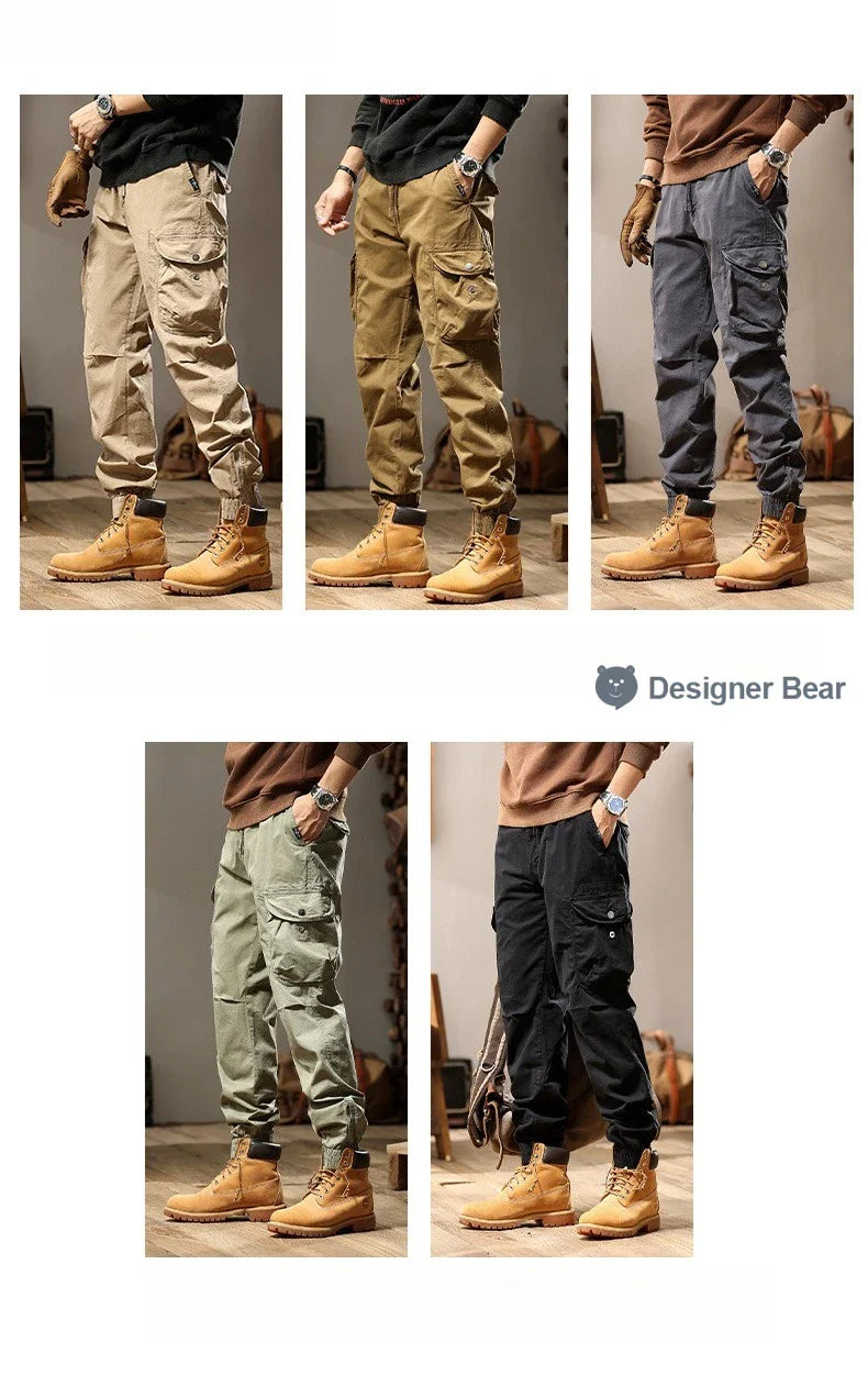 Brand Clothing 2026 Spring Summer Men's Baggy Cargo Pants Multi-Pocket Work Joggers Casual Cotton Tapered Trousers Long Pants