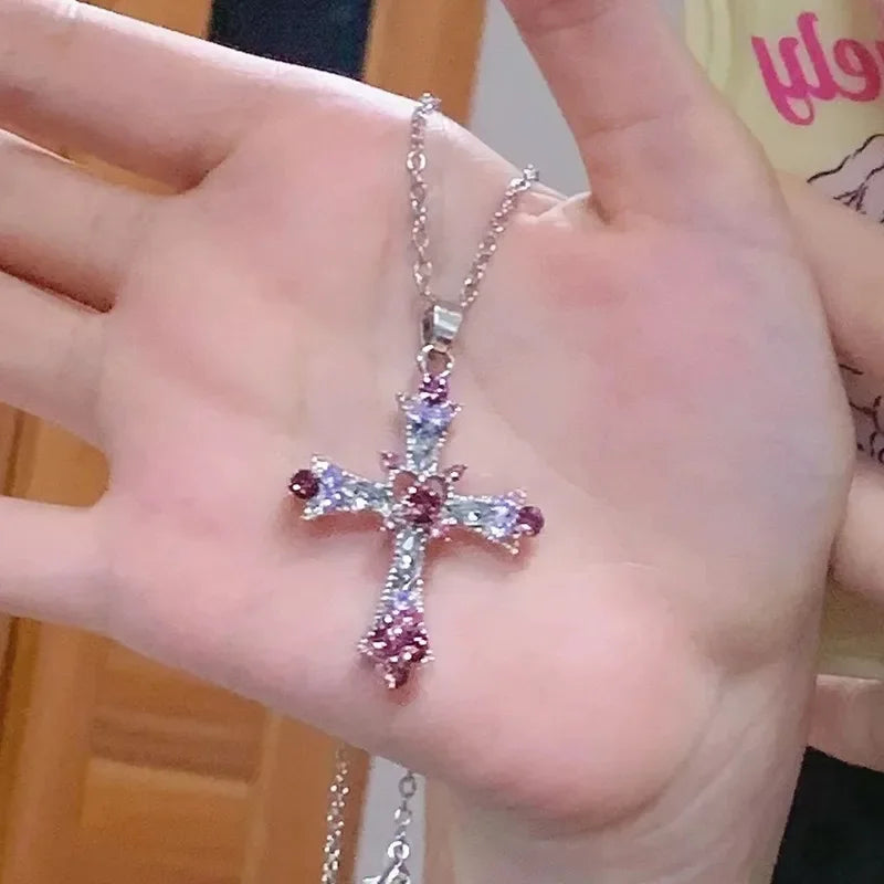 Crystal Cross Pendant Necklace for Women Girls  Shiny Sweet Chain Punk Party Fashion Pendant Fashion Y2K Jewelry Accessories