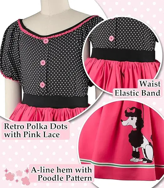 Girls Party Dresses Summer Dress Poodle Print Polka Dot Vintage Dress With Scarf Outfit Girls Casual Summer Dresses Birthday
