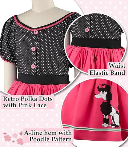 Girls Party Dresses Summer Dress Poodle Print Polka Dot Vintage Dress With Scarf Outfit Girls Casual Summer Dresses Birthday