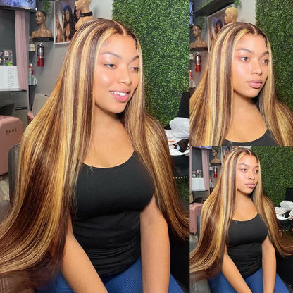 Brown P4/27 Straight 13x4 Lace Frontal Human Hair Wigs Brazilian Highlight Colored Lace Front Wig For Women 28 30 32 34 36 Inch