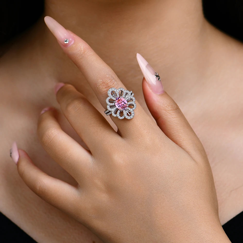Luxury D VVS1 Moissanite Rings for Women Created Pink Zircon S925 Sterling Silver Flower shape Engagement Wedding Gift