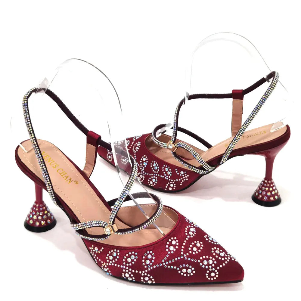 2025 Summer New Design Specials Italian Women Shoes and Bag Set Wine Color Comfortable High Heels With Rhinestone