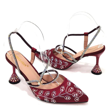 2025 Summer New Design Specials Italian Women Shoes and Bag Set Wine Color Comfortable High Heels With Rhinestone