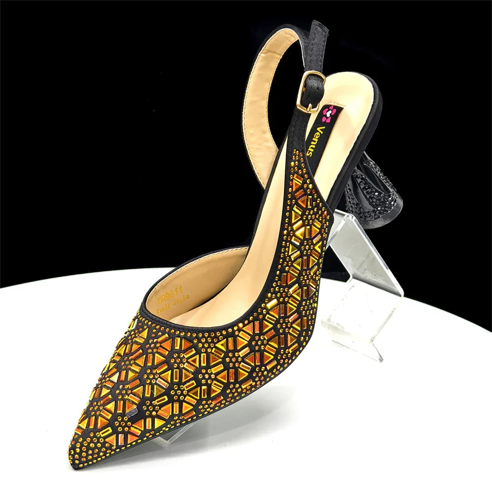 Elegant Champagne Color Pointed-Toe Italian Women's High-Heeled Shoe and Bag Set with Full Diamond Design for Parties