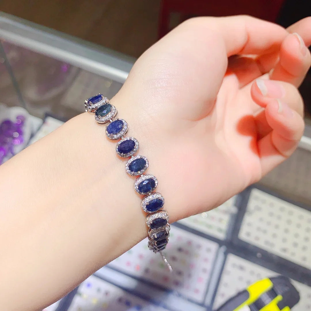 Natural Dark Blue Sapphire 4X6MM Court Style Bracelet for Women's Birthday Gift Anniversary with Certificate YULEM