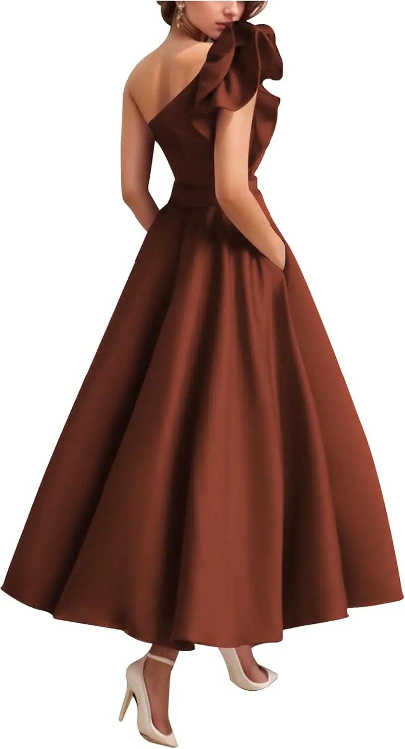 Women's One Shoulder Elegant Evening Dress with Pockets Satin Tea Length A Line Formal Wedding Guest Dress Prom Dresses