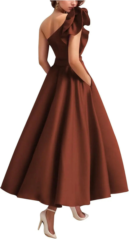 Women's One Shoulder Elegant Evening Dress with Pockets Satin Tea Length A Line Formal Wedding Guest Dress Prom Dresses