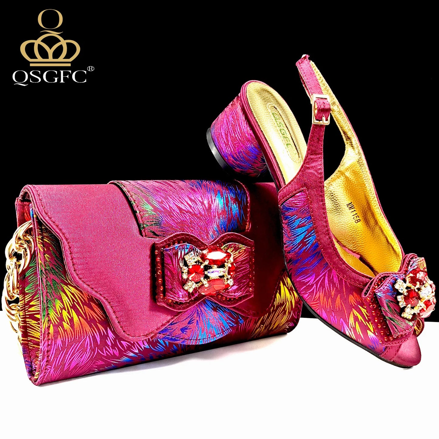 Italian Design Color Matching Rhinestone Comfortable High Heel Shoes And Bag Fashion Style Pointed-Toe Shoes For Women