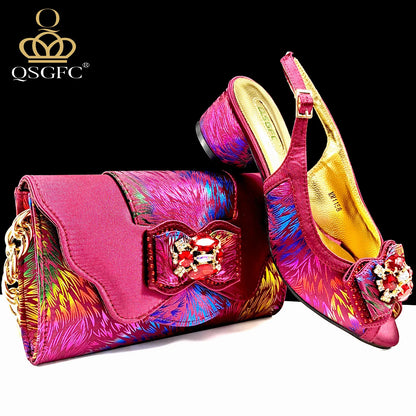 Italian Design Color Matching Rhinestone Comfortable High Heel Shoes And Bag Fashion Style Pointed-Toe Shoes For Women
