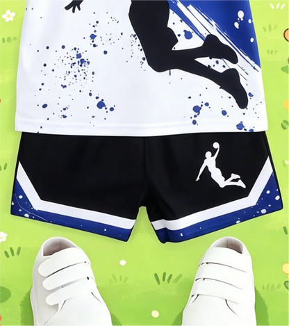 Boys Blue White Color Block Basketball Print Short Sleeve Side Stripe Shorts Set Sport Casual