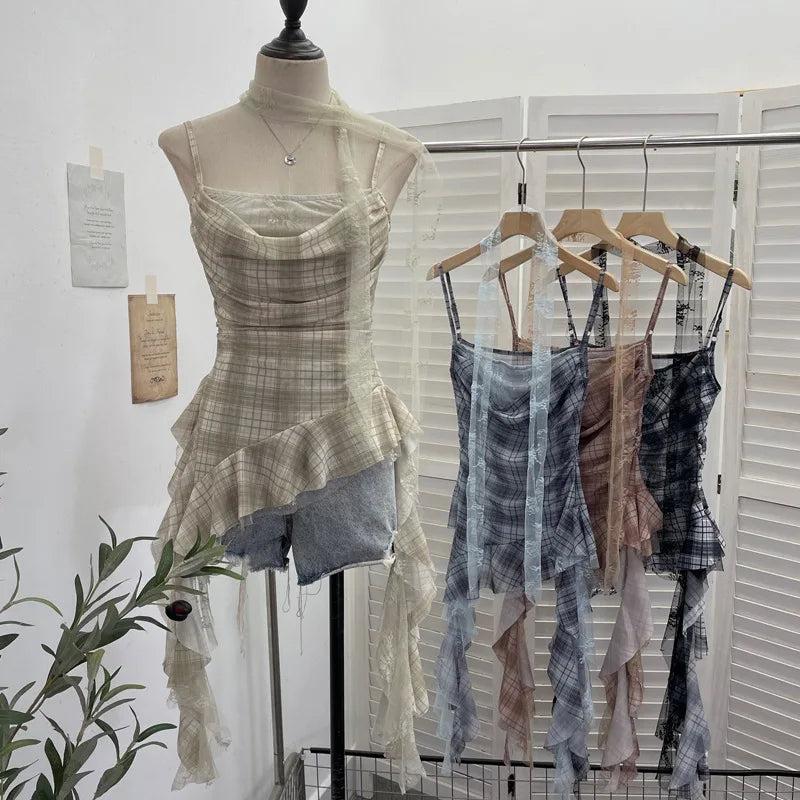 Y2K Plaid Camisole for Women Summer Casual Lace Scarf Breathable Stretch Mesh Patchwork Asymmetrical Ruffle Slim Tops