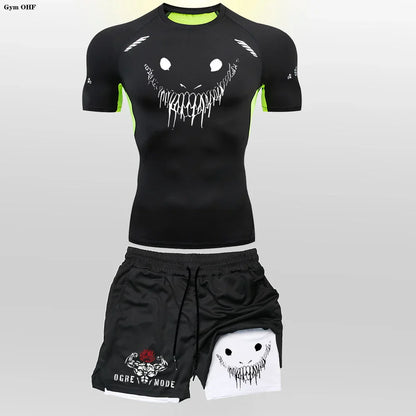 Funny Face 2 in 1 Shorts T Shirt Suits Men's Fitness Breathable Second Skin Compression Shirts Sets Gym Double Deck Shorts