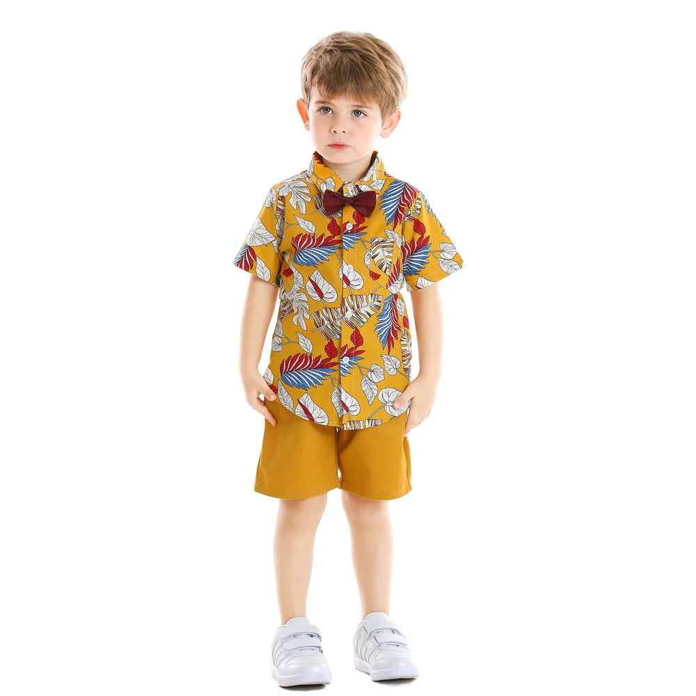 2026 Gentleman  Kids Boys Party Clothing Set Print Hawaii Style Short Sleeve Shirt +Short Pants Formal Suit Seaside Outfits 2Pcs