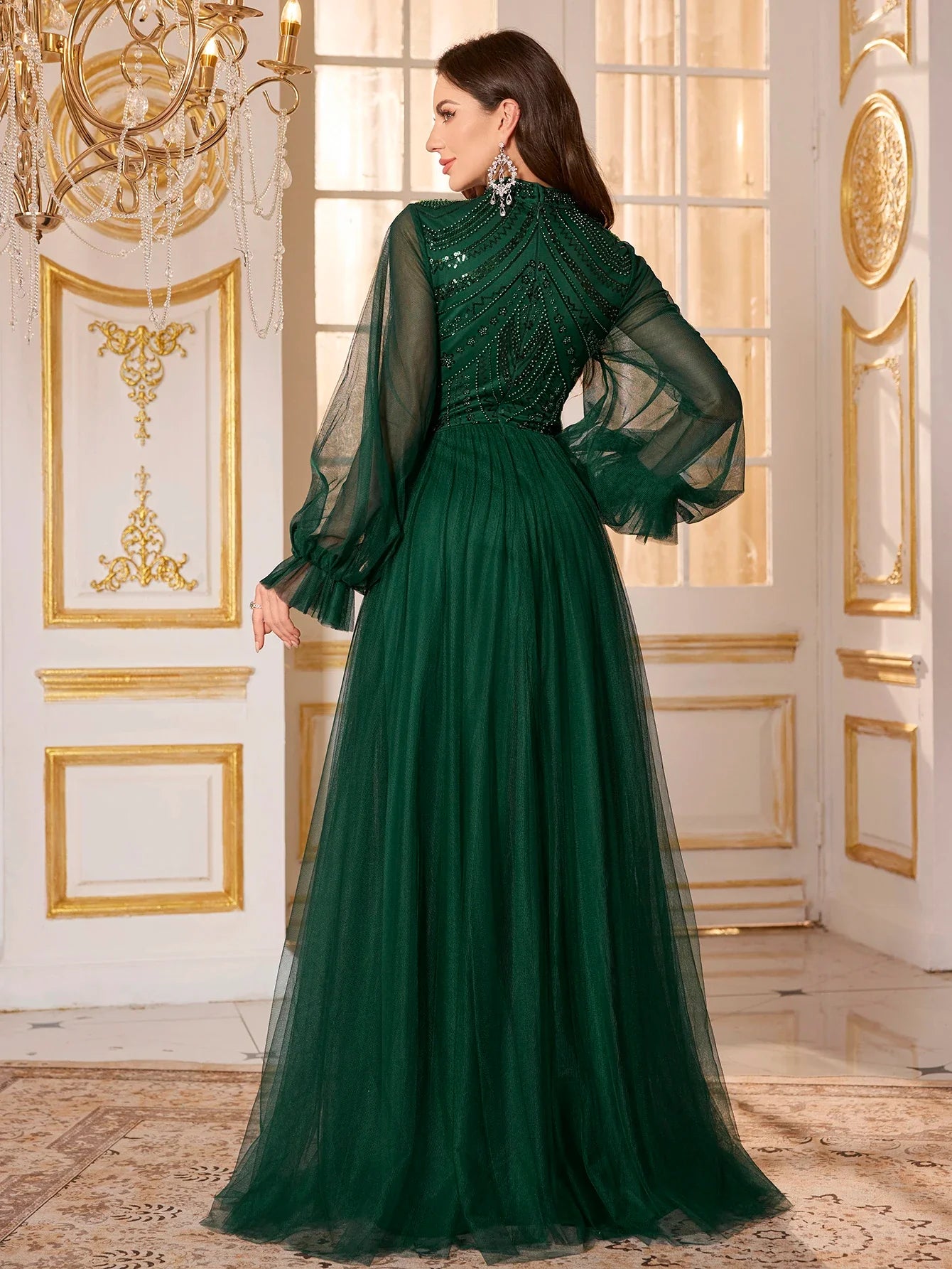 Women's Round-Neck Lantern Sleeve Beads Patchwork Mesh Fabric Evening Dress