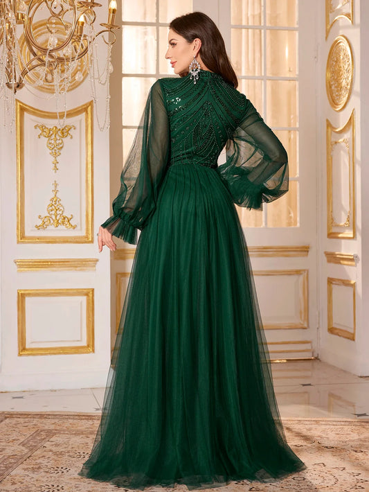 Women's Round-Neck Lantern Sleeve Beads Patchwork Mesh Fabric Evening Dress