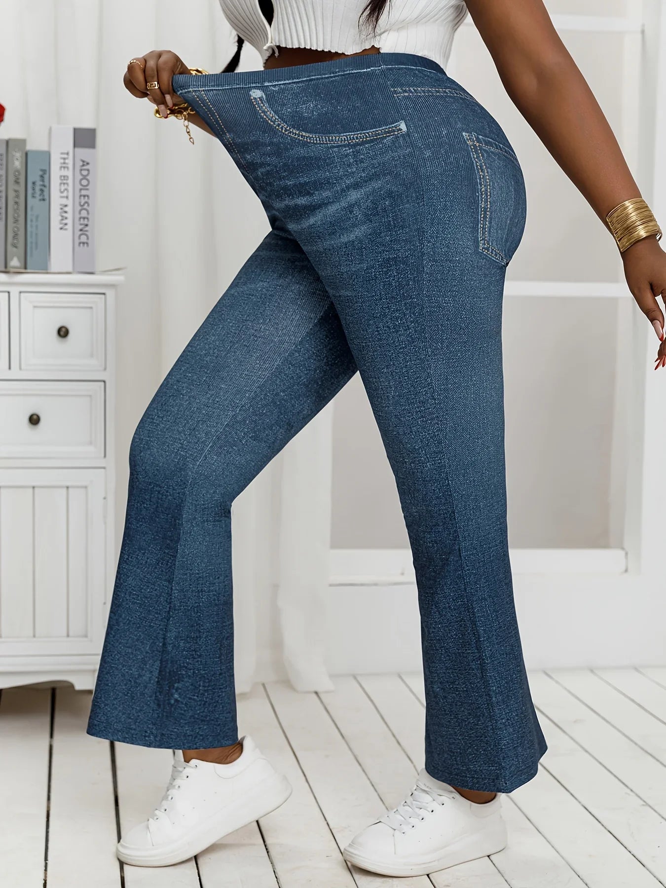 Denim Print High-Stretch Flared Pants Loose Fit Trousers